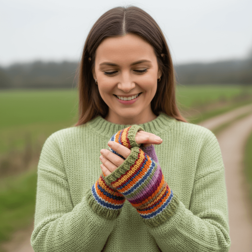 Pure Wool Hand Knitted Fingerless Mittens or Handwarmers PN045HW Multicoloured Strip