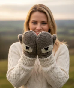 Pure Wool Hand Knitted Mitten Winter Gloves Sheep design Brown RC18M