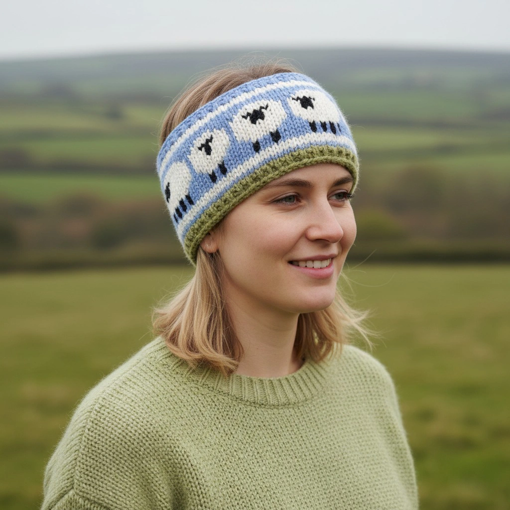 Pure Wool Hand Knitted Headband Sheep Design HB071 Denim Blue