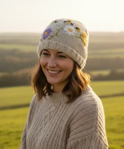 Hand knit Pure Wool Beanie Embroidery With Irish Wild Flowers Design PN036