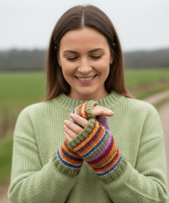 Pure Wool Hand Knit Striped Fingerless Mittens or Handwarmers PN045HW Multicoloured