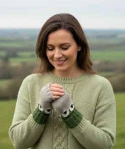 Pure Wool Hand Knitted Fingerless Gloves or Handwarmer Cable Boarder PN005HW Green