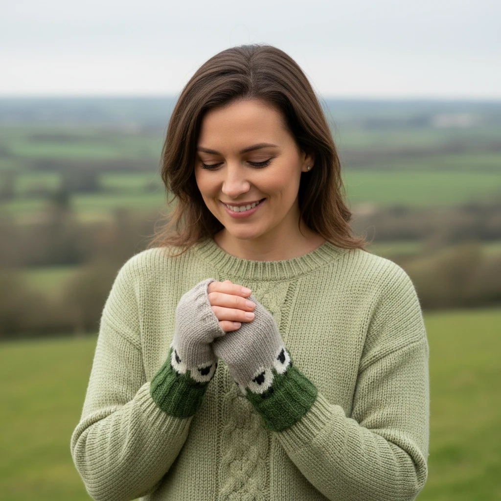 Pure Wool Hand Knitted Fingerless Gloves or Handwarmer Cable Boarder PN005HW Green