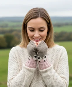 Pure Wool Hand Knitted Fingerless Gloves or Handwarmer Cable Boarder PN005HW Pink