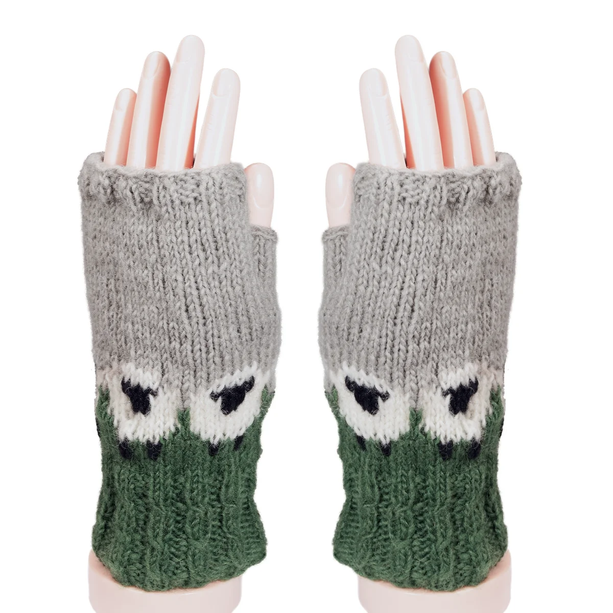 Pure Wool Hand Knitted Fingerless Gloves or Handwarmer Cable Boarder PN005HW Green - Image 2
