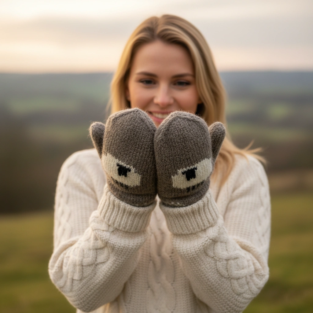 Pure Wool Hand Knitted Mitten Winter Gloves Sheep design Brown RC18M