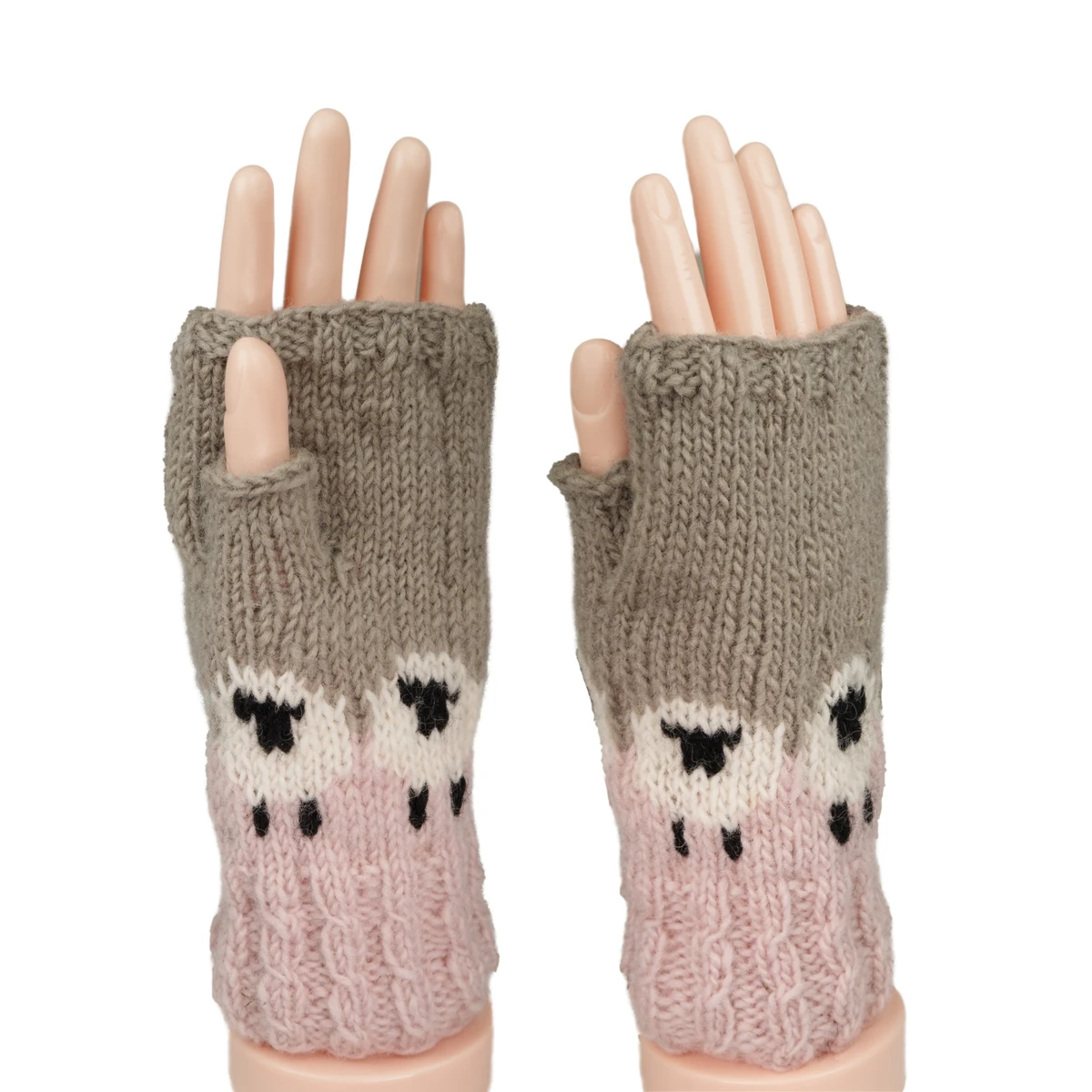Pure Wool Hand Knitted Fingerless Gloves or Handwarmer Cable Boarder PN005HW Pink - Image 2