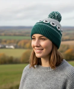 Hand-knit Pure Wool Unisex Bobble Beanie Sheep Design NK689 Emerald Fine Knit