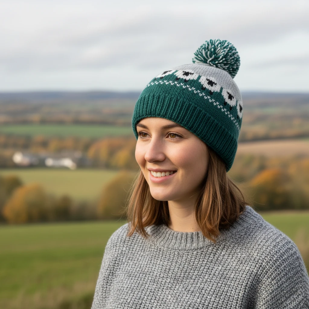Hand-knit Pure Wool Unisex Bobble Beanie Sheep Design NK689 Emerald Fine Knit