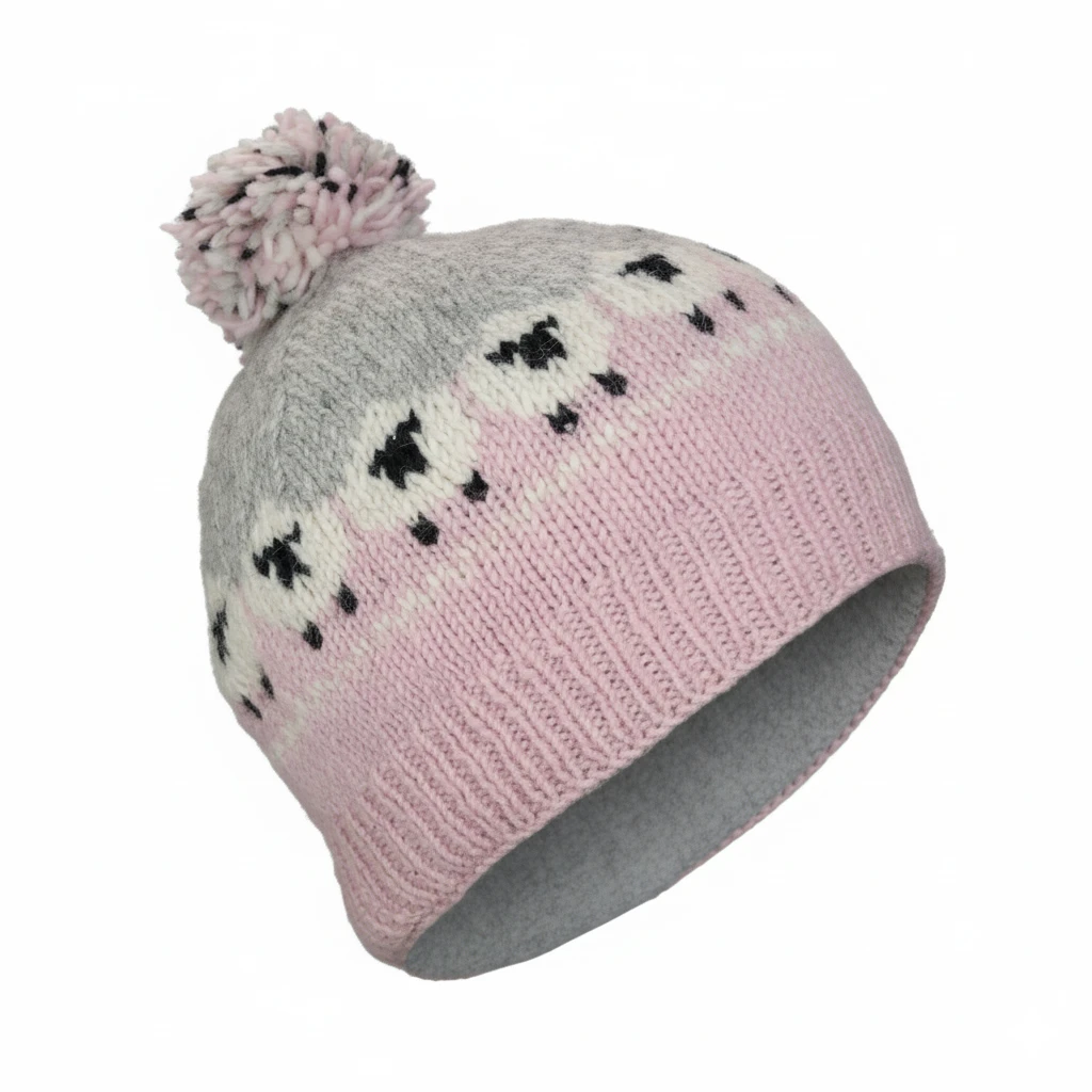 Hand-knit Pure Wool Set Sheep Design NK689 Pink Beanie and Handwarmers - Image 4