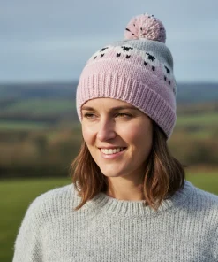 Hand-knit Pure Wool Bobble Beanie Sheep Design NK689 Pink Fine Knit