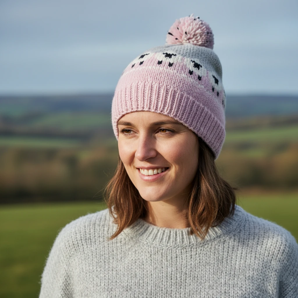 Hand-knit Pure Wool Set Sheep Design NK689 Pink Beanie and Handwarmers - Image 2