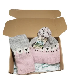 Hand-knit Pure Wool Set Sheep Design NK689 Pink Beanie and Handwarmers