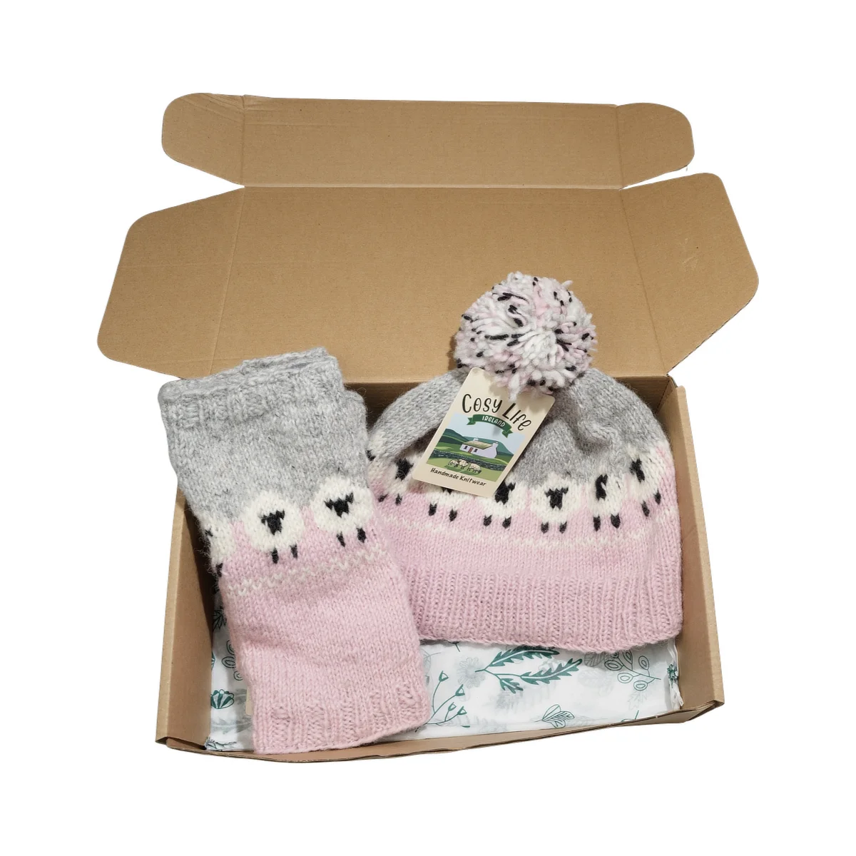 Hand-knit Pure Wool Set Sheep Design NK689 Pink Beanie and Handwarmers