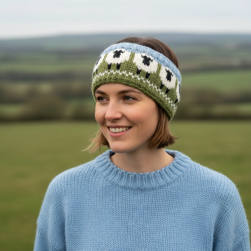 Pure Wool Hand Knitted Headband Sheep Design NK689HB Sky Blue
