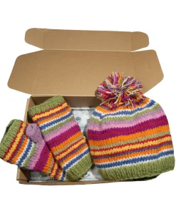 Pure Wool Hand Knitted Multicoloured Stripe Set PN045 Beanie and Handwarmers