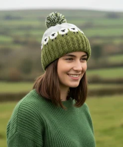 Pure Wool Hand-knitted Unisex Bobble Beanie Sheep Design Cable Border NK690 Light Grey Fine Knit