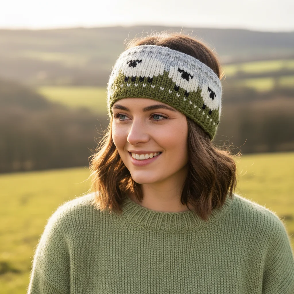 Pure Wool Hand Knitted Headband Sheep Design HB68 Light Grey