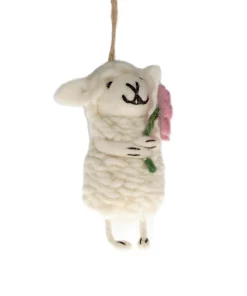 Alternative view of Handmade Wool Felt Sheep Holding Pink Flowers Ornament