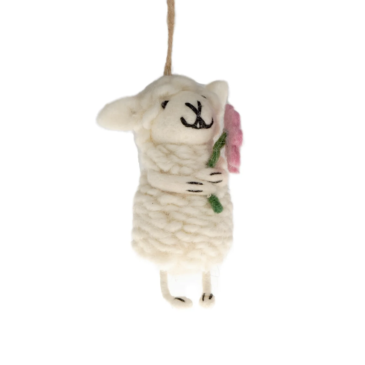 Handmade Wool Felt Sheep Holding Pink Flowers Ornament - Image 2