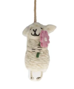 Handmade Wool Felt Sheep Holding Pink Flowers Ornament