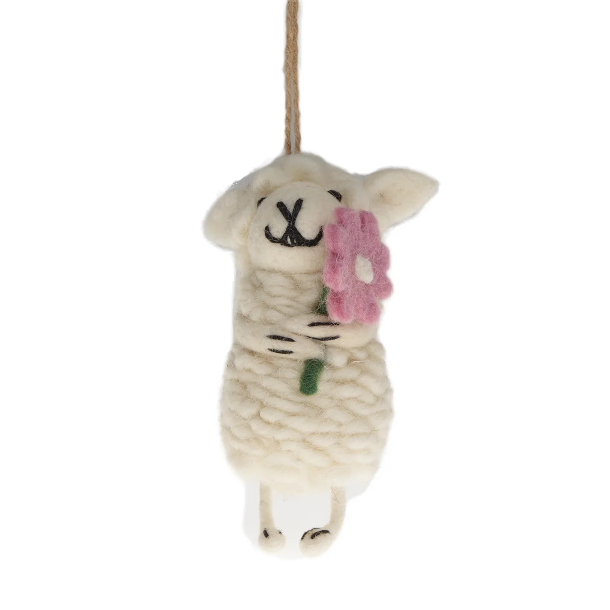 Handmade Wool Felt Sheep Holding Pink Flowers Ornament