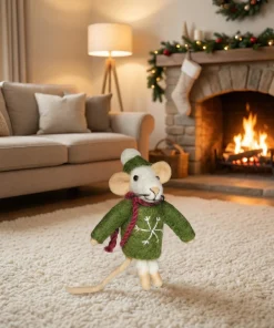 Handmade Wool Felt Mouse Hanging Green Snowflake Jumper Ornament - Image 3
