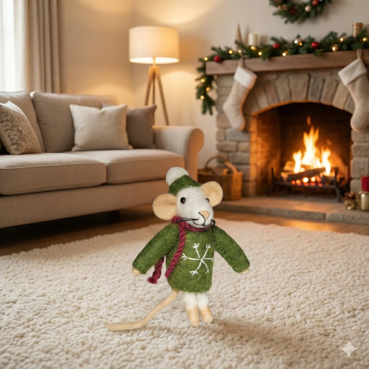 Handmade Wool Felt Mouse Hanging Green Snowflake Jumper Ornament - Image 3