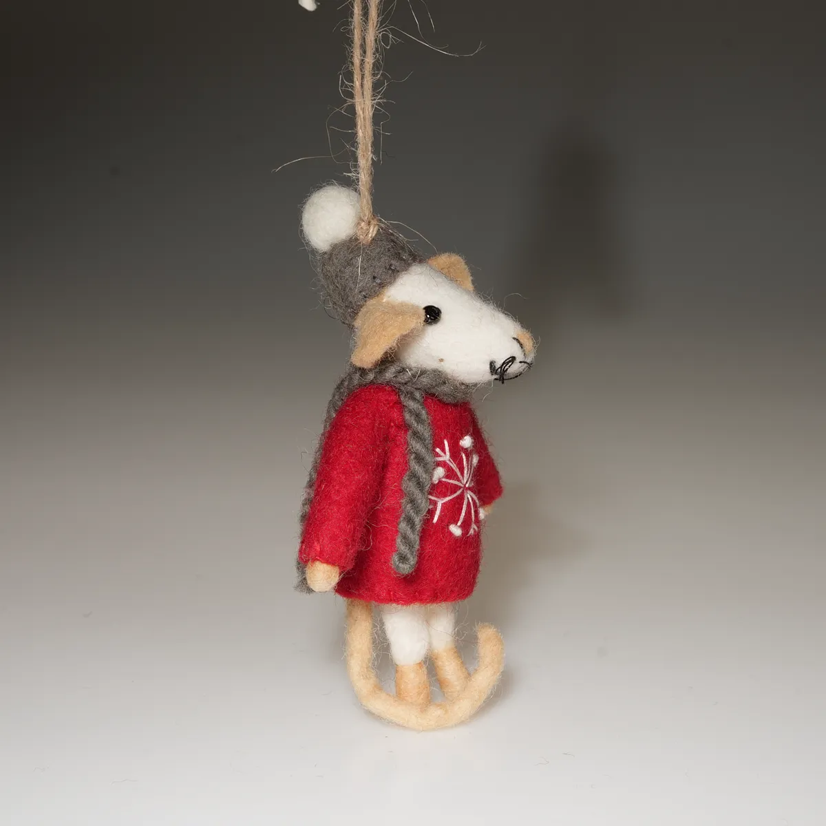 Handmade Wool Felt Mouse Hanging Red Snowflake Jumper Ornament - Image 3
