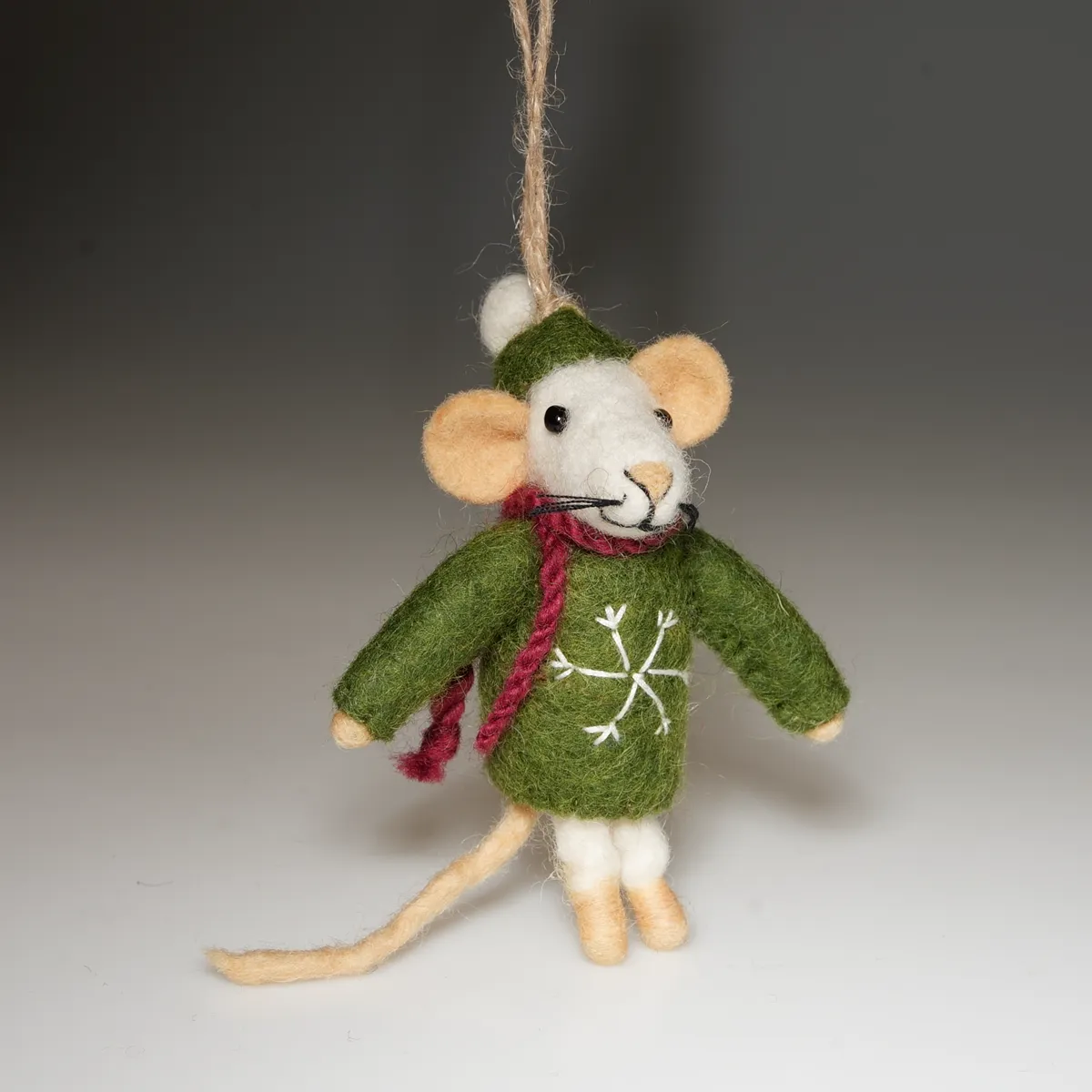 Handmade Wool Felt Mouse Hanging Green Snowflake Jumper Ornament