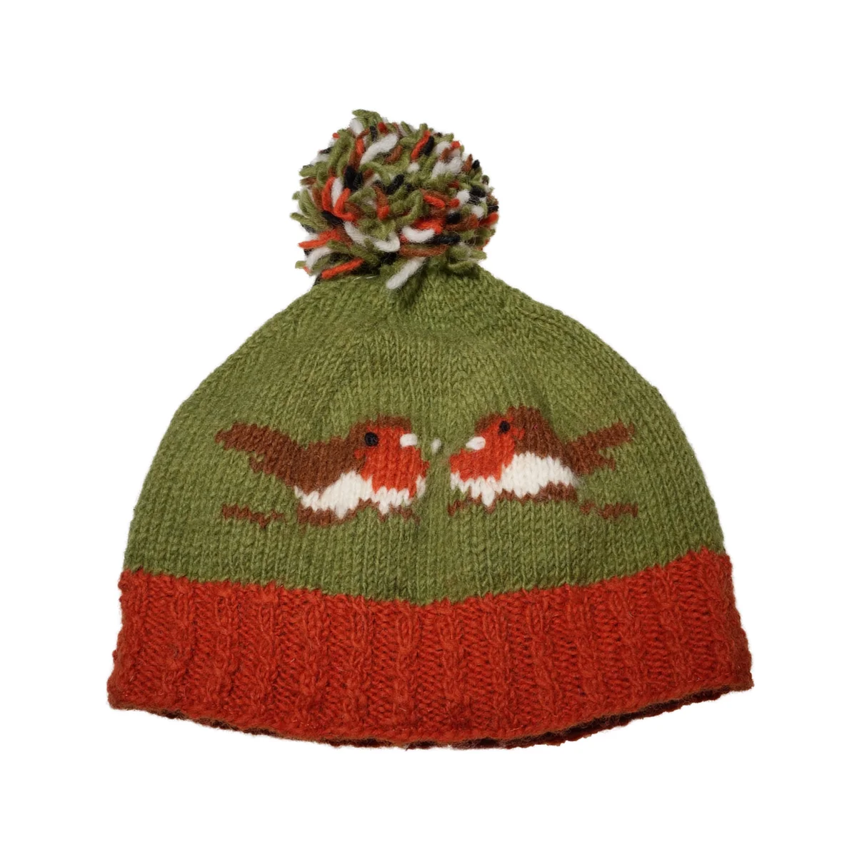 Hand Knit Pure Wool Bobble Beanie Robin Design NK008 Green Fine Knit - Image 2