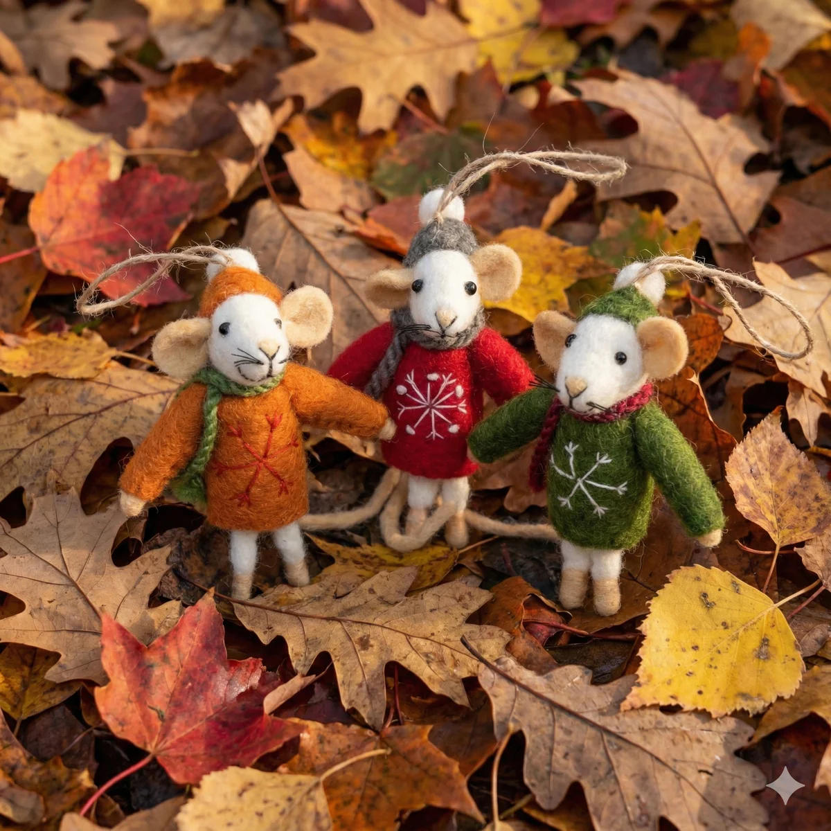 Handmade Wool Felt Mouse Hanging Orange Snowflake Jumper Ornament - Image 4
