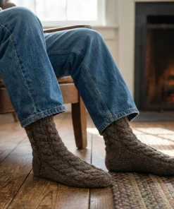 Pure Wool Hand Knit Chunky Warm Aran Cable Pattern Unlined Men's Winter Socks KS02