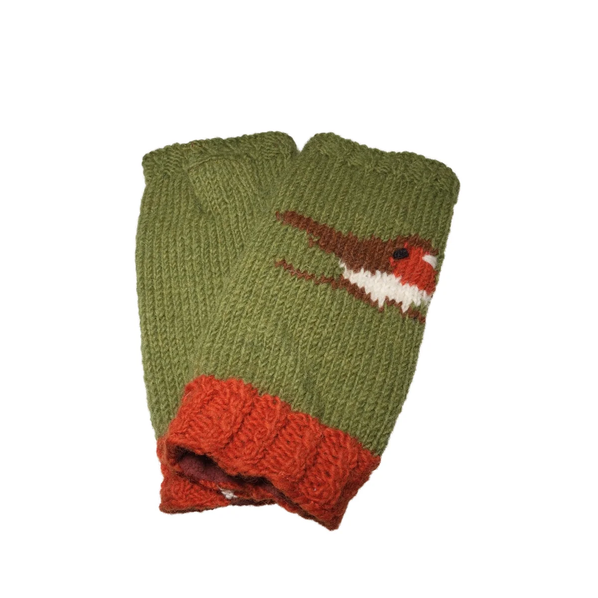 Pure Wool Hand Knitted Robin Design NK008 Green Beanie and Handwarmers - Image 3