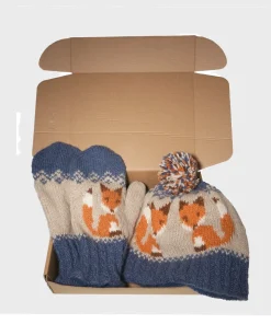 Pure Wool Hand Knitted Fox Design NK1001PP Beige Beanie and Mittens