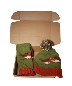 Pure Wool Hand Knitted Robin Design NK008 Green Beanie and Handwarmers