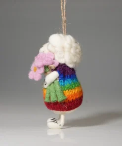 Handmade Wool Felt Rainbow Sheep With Pink Flower Hanging Ornament - Image 3