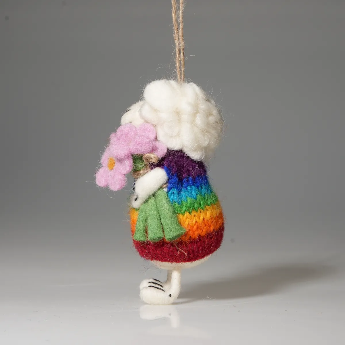 Handmade Wool Felt Rainbow Sheep With Pink Flower Hanging Ornament - Image 3
