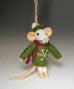 Handmade Wool Felt Mouse Hanging Green Snowflake Jumper Ornament