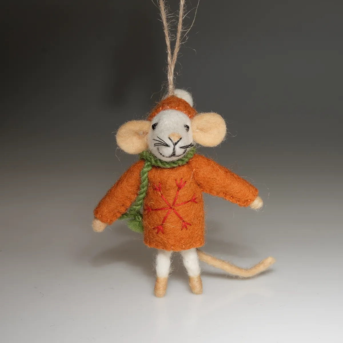 Handmade Wool Felt Mouse Hanging Orange Snowflake Jumper Ornament - Image 2