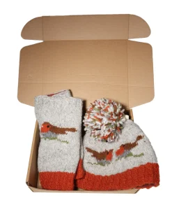 Pure Wool Hand Knitted Robin Design NK008PP Grey Beanie and Handwarmers