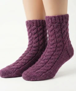 Alternative view of Pure Wool Hand Knit Chunky Warm Aran Cable Pattern Ladies Winter Socks Heather Pink PNSK003
