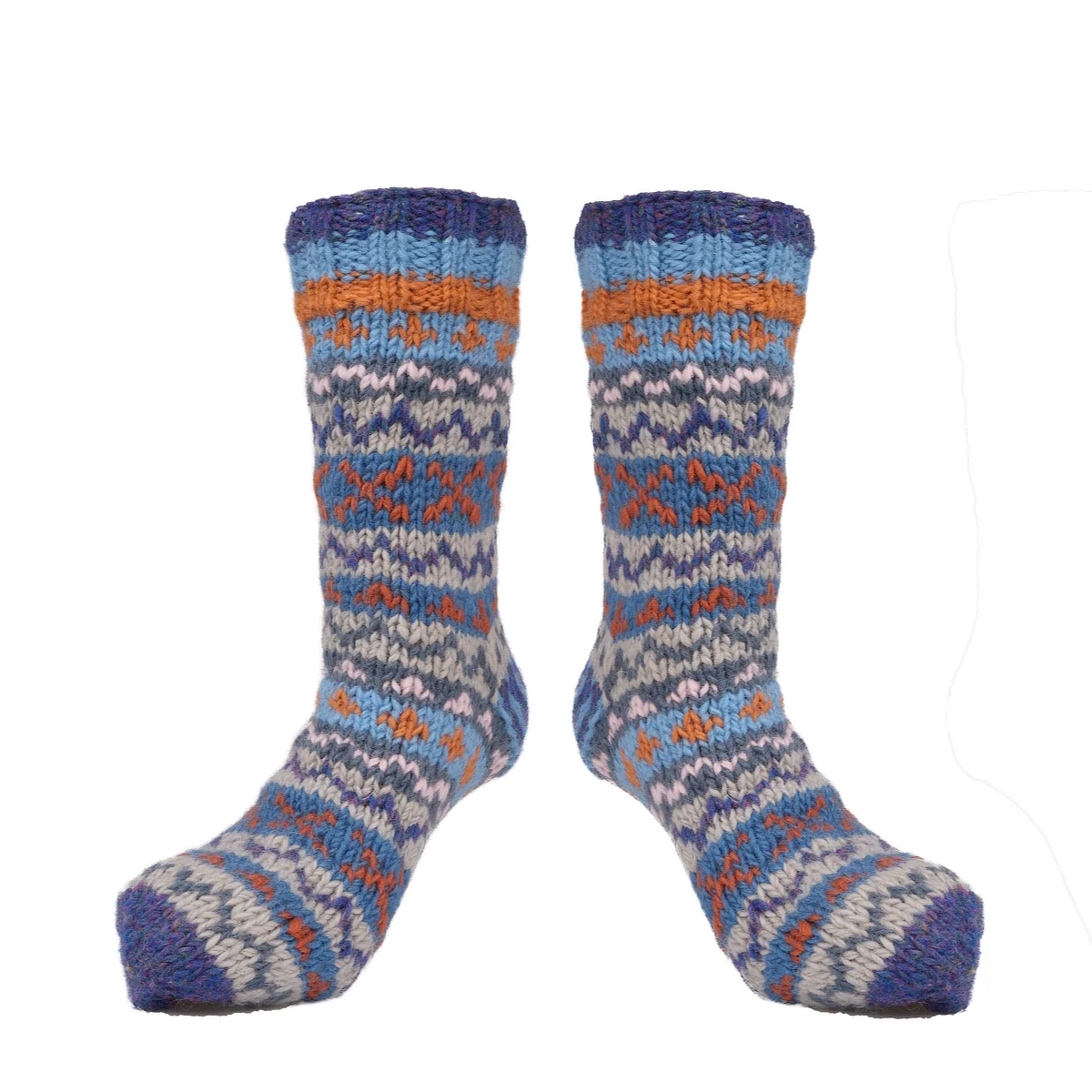 Pure Wool Hand Knit Chunky Warm Men's Winter Socks Fair Isle Design Heather Blue SCSK010 - Image 2