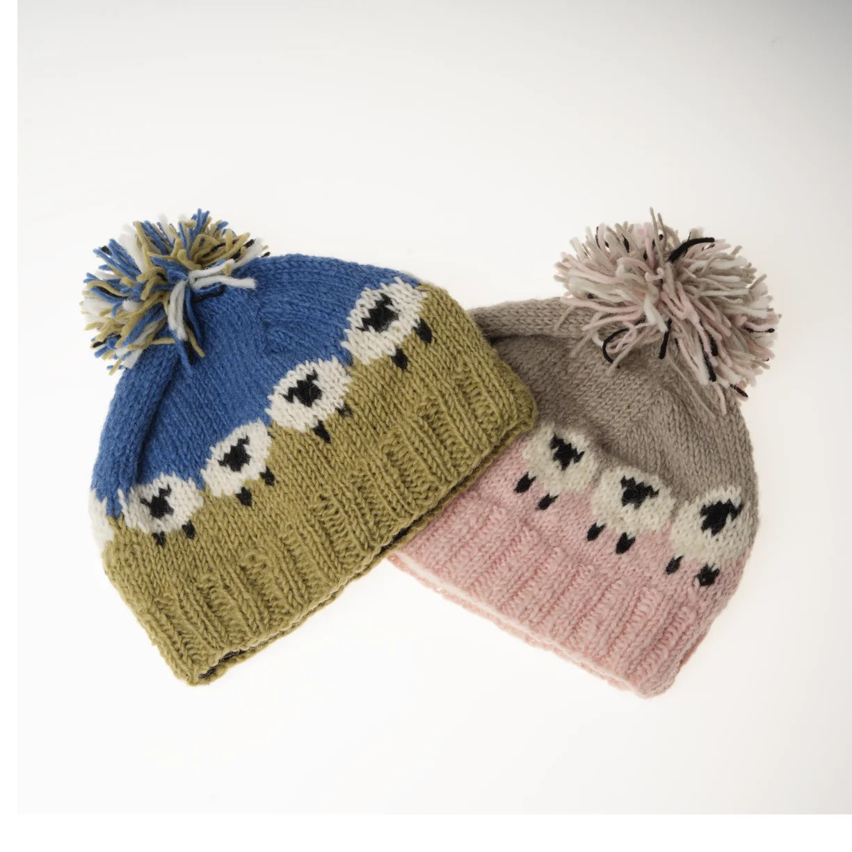 Kids Pure Wool Hand-knit Bobble Beanie Sheep Design Fine Knit PN099