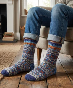 Pure Wool Hand Knit Chunky Warm Men's Winter Socks Fair Isle Design Heather Blue SCSK010