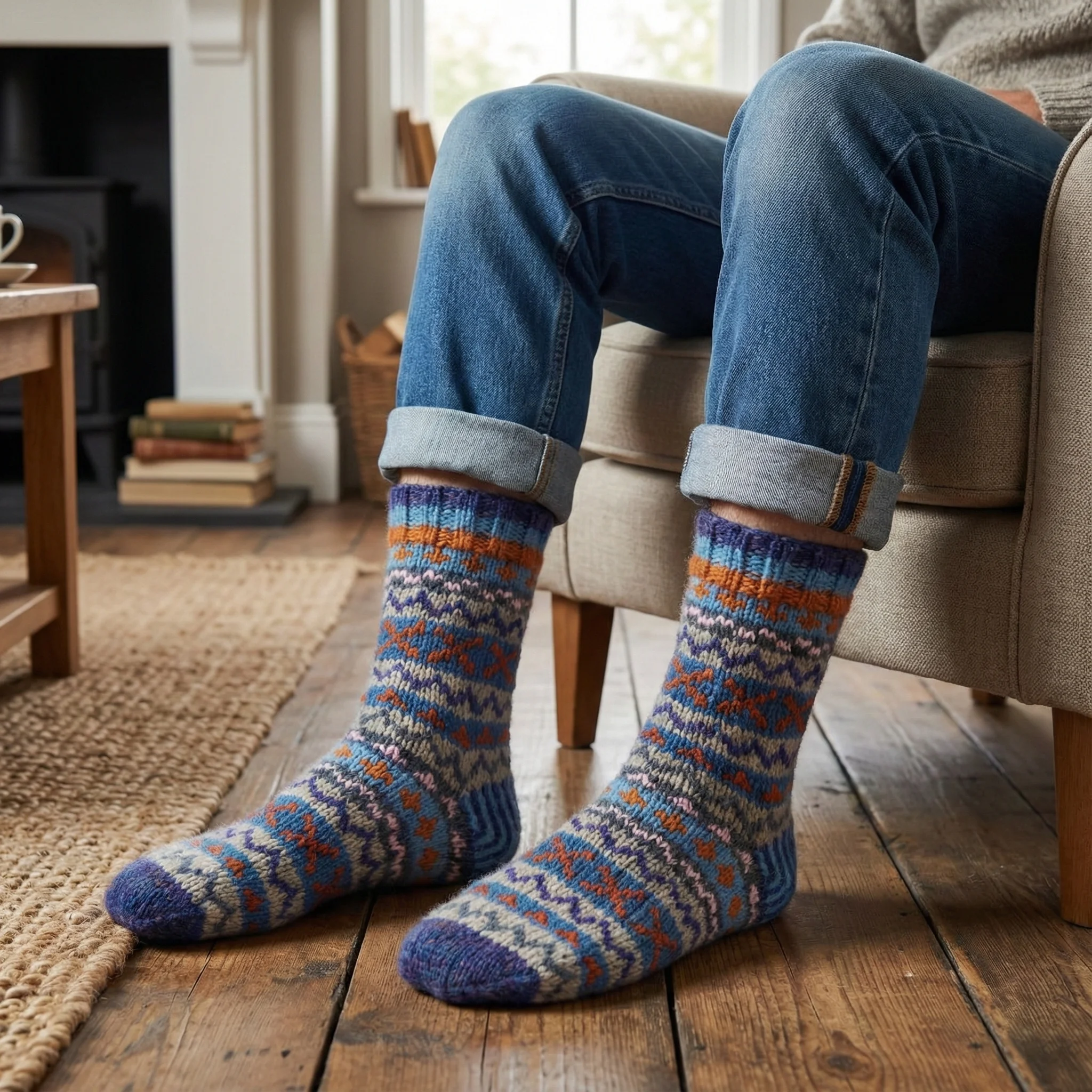 Pure Wool Hand Knit Chunky Warm Men's Winter Socks Fair Isle Design Heather Blue SCSK010