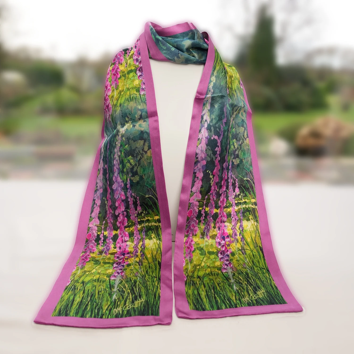 100% Mulberry Silk Scarf Versatile Double-sided Long Scarf Irish Painting Foxglove Flowers - Image 2