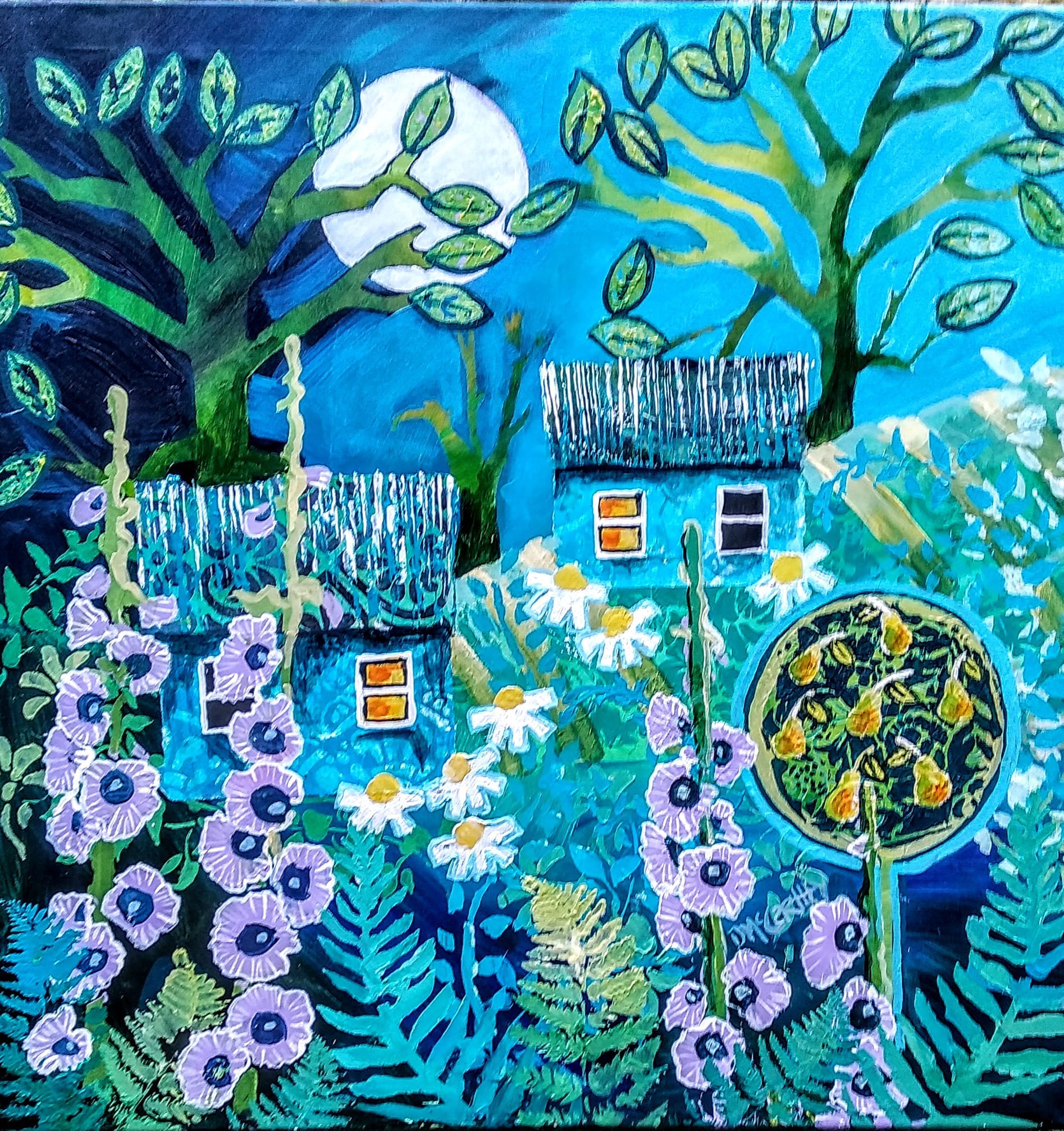 100% Mulberry Silk Scarf Versatile Double-sided Long Scarf Delphiniums in the Moonlight - Image 4