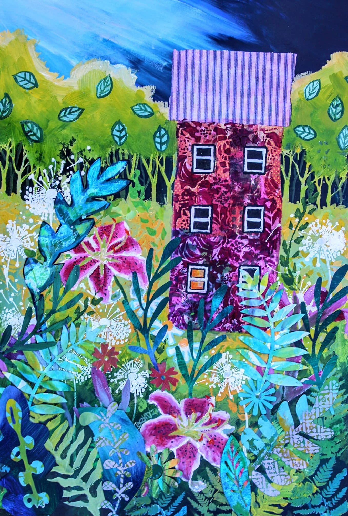 100% Mulberry Silk Scarf Versatile Double-sided Long Scarf Lilies in the Summer - Image 3
