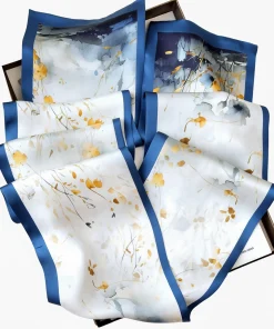 100% Mulberry Silk Scarf Versatile Double-sided Long Scarf Ink Wash Painting Design Blue - Image 5